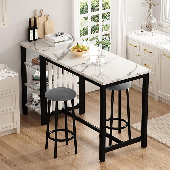 Lamerge Kitchen Furniture Bar Height Table and Chairs for 2 People, 4-Tier Compact Dining Room Table, White Faux Marble Top and 2 Grey Velvet Upholstered Seat, Modern Dining Set for Home/Studio/Office