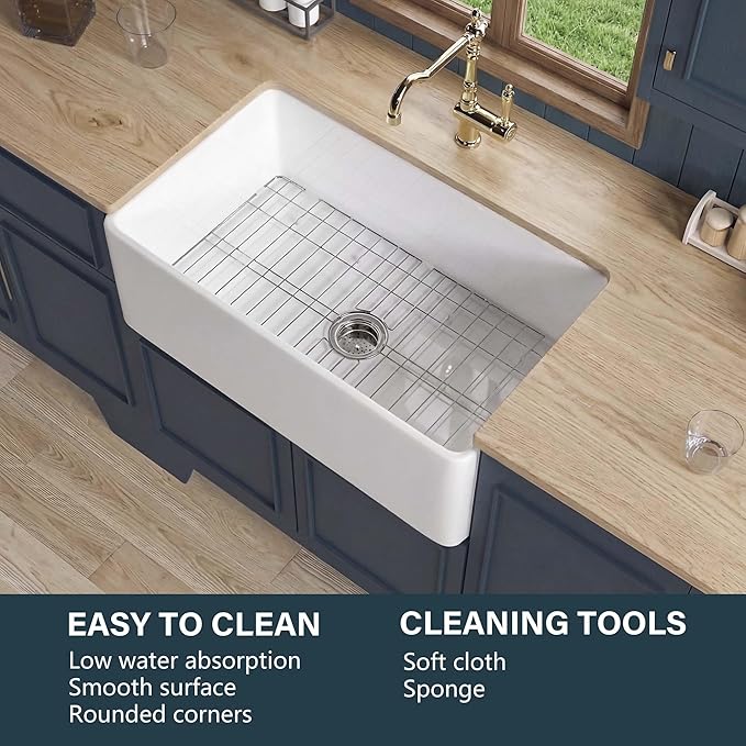 Miuara Farmhouse Sink 30 Inch - White Apron Front Undermount Kitchen Sink Reversible 30"x18"x10", Farm House Style Single Bowl, Heavy Duty Solid Fireclay, Glossy White, for Kitchen