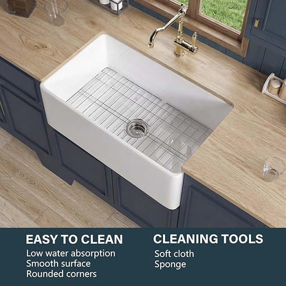 Miuara Farmhouse Sink 30 Inch - White Apron Front Undermount Kitchen Sink Reversible 30"x18"x10", Farm House Style Single Bowl, Heavy Duty Solid Fireclay, Glossy White, for Kitchen