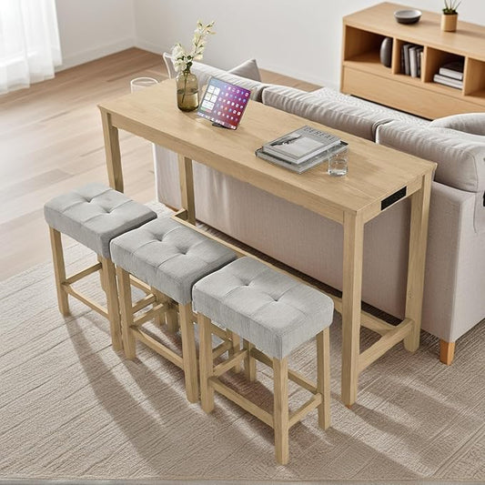 59 inch Bar Table and Chairs Set with with Power Outlet, Industrial Counter Height Bar Table with 3 Upholstered Stools,4 Pieces Space-Save Breakfast Table Set for Kitchen Dining Room Light Oak
