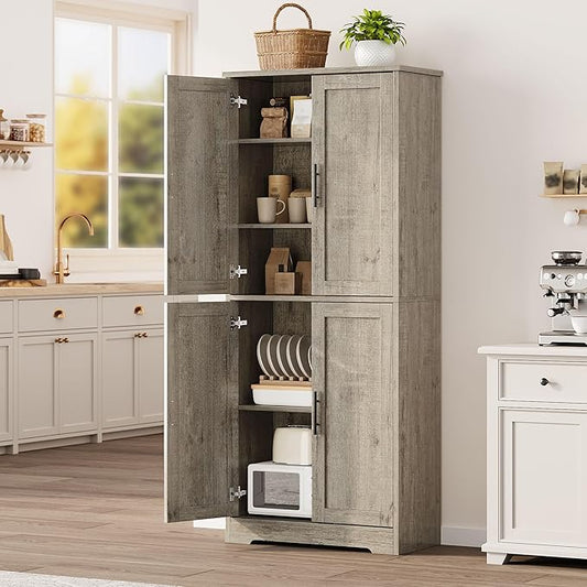 GarveeHome 70 in Tall Kitchen Pantry Cabinet, Freestanding Storage Cabinet with 4 Doors and Adjustable Shelves, Utility Cupboard for Dining Room, Living Room, Bathroom (Gray)