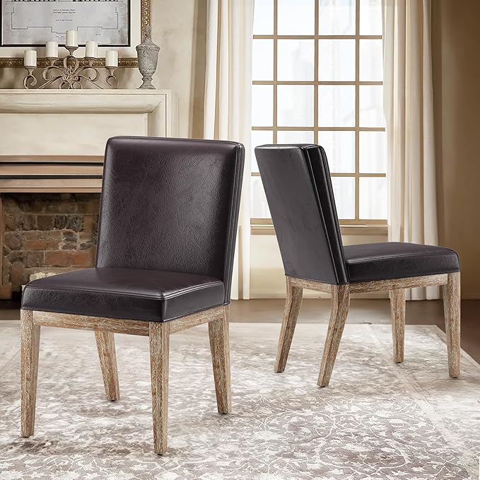 MALOL Wooden Dining Chairs Set of 2, Modern Leather Upholstered Dining Room Chair, Kitchen Side Chairs, Farmhouse Dinner Chair with High Back for Kitchen, Brown