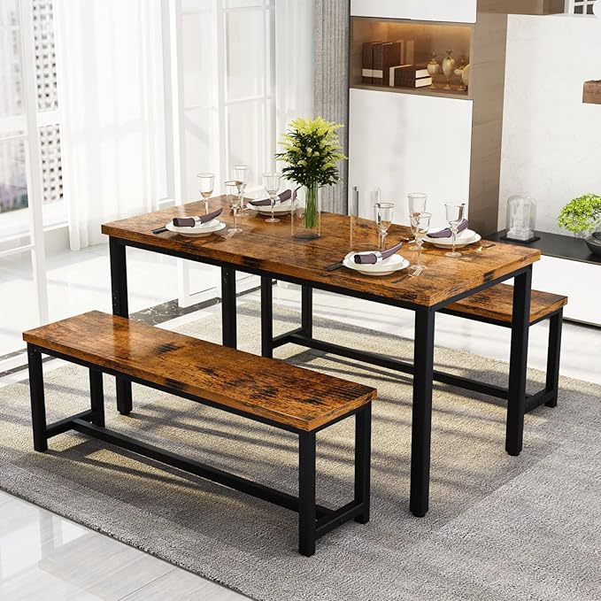 Recaceik 47" Dining Room Table Set with 2 Benches, Kitchen Dining Table Set for 4-6, Space Saving Kitchen Table and Chair Set for Dining Room, Small Space, Breakfast Nook(Brown)