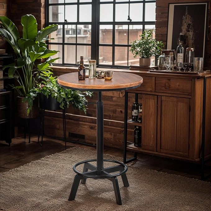 LOKKHAN Adjustable Swivel Bar Table 30"-35.4" Round Wood Tabletop 23.6" Dia, Rustic Industrial Kitchen Dining Living Party Office Coffee Bistro Breakfast Pub Table,Space-Saving