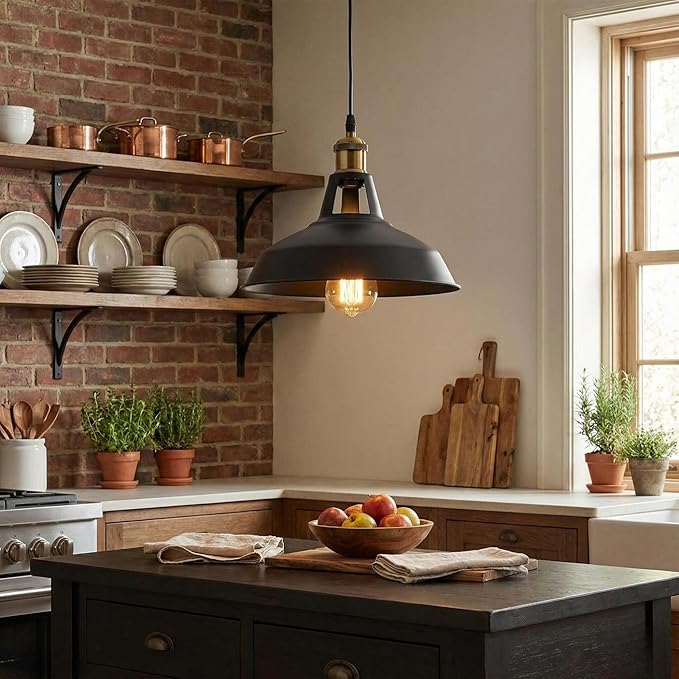 Black Industrial Farmhouse Pendant Light 1m Adjustable Cord, Vintage Barn Metal Hanging Lamp Fixture, Rustic Retro Ceiling Lighting for Kitchen Island Dining Bar Loft E26 (Black)