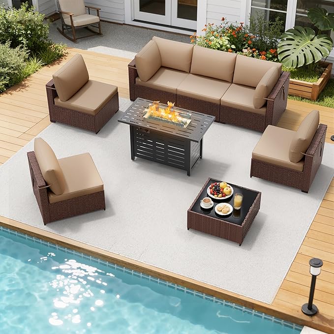 LOUVIXA 8 Piece Outdoor Patio Furniture Set, Outdoor Sectional Sofa with Firepit Table, Wicker Rattan Patio Furniture, Patio Conversation Set with Coffee Table & Cushions
