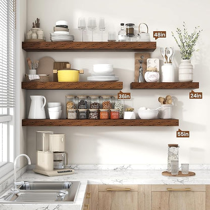 Heimlove Floating Shelves for Wall 55 Inch Long,Extra Large and Thick Wood Shelves Mounted Storage Hanging Shelf Invisible Bracket for Bedroom,Living Room,Kitchen,Office,Set of 2,Rustic Brown