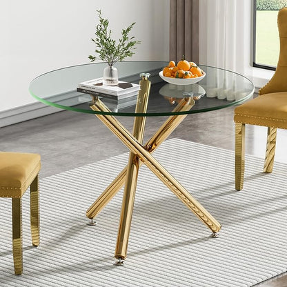 Glass Dining Table,36'' Round Dining Kitchen Table,Modern X-Design Dining Room Table with Gold Metal Base for Dining Room