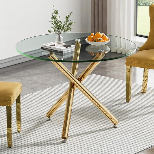 Glass Dining Table,36'' Round Dining Kitchen Table,Modern X-Design Dining Room Table with Gold Metal Base for Dining Room