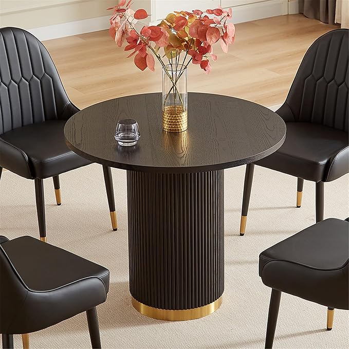Round Dining Table Set for 4, 35.04" Modern Farmhouse Dining Table and 4 Leather Dining Chair, Small Circle Kitchen Tables with Wood & Gold Stainless Steel Base for Living Room, Kitchen, Black