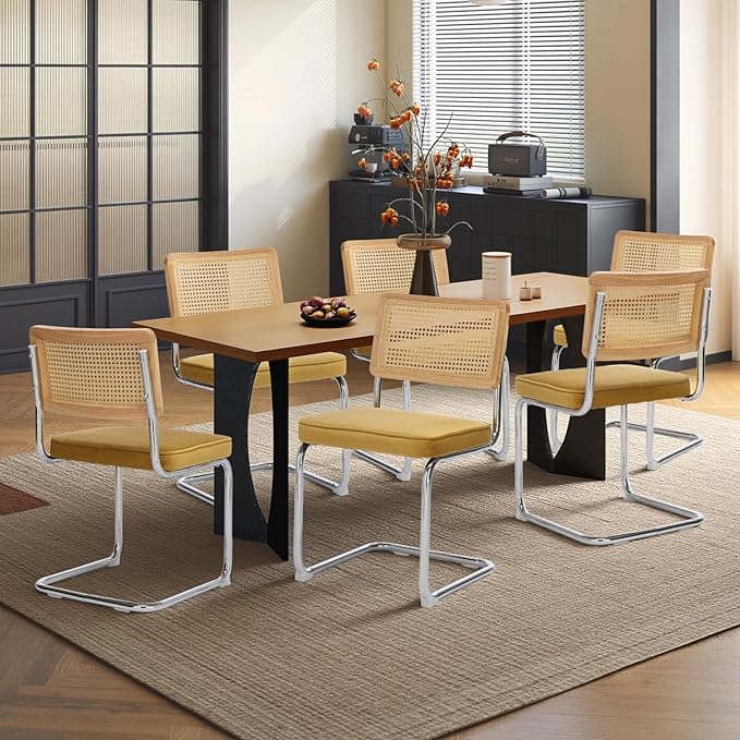 Rattan Back Velvet Dining Chair Set of 6 Modern Stainless Chrome Base Armless Upholstered Side Chair for Dining Room,Kitchen Island,Gold