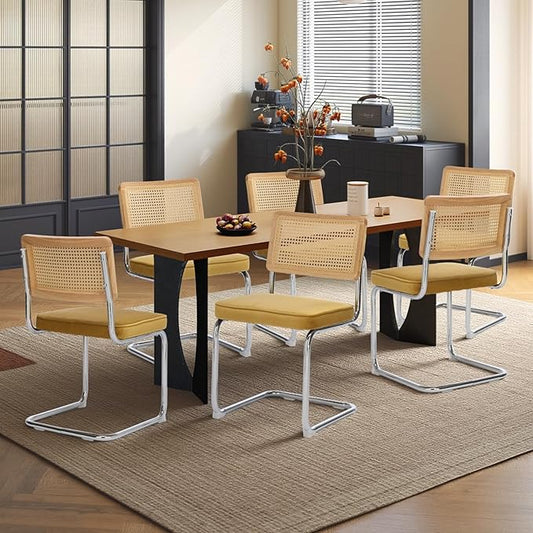Rattan Back Velvet Dining Chair Set of 6 Modern Stainless Chrome Base Armless Upholstered Side Chair for Dining Room,Kitchen Island,Gold