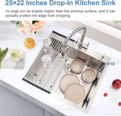 Herogo 25×22 Inch Drop In Single Bowl Kitchen Sink, Stainless Steel 10'' Deep Utility Sink for Rv Bar Outdoor Farmhouse Laundry Room