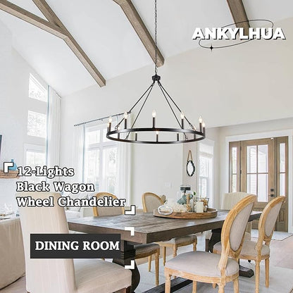 Wagon Wheel Chandelier 12 Light 38" Large Black Farmhouse Chandelier for Dining Room Rustic Country Pendant Light Fixtures Hanging Modern Round Chandeliers for Living Room High Ceilings Entryway Foyer