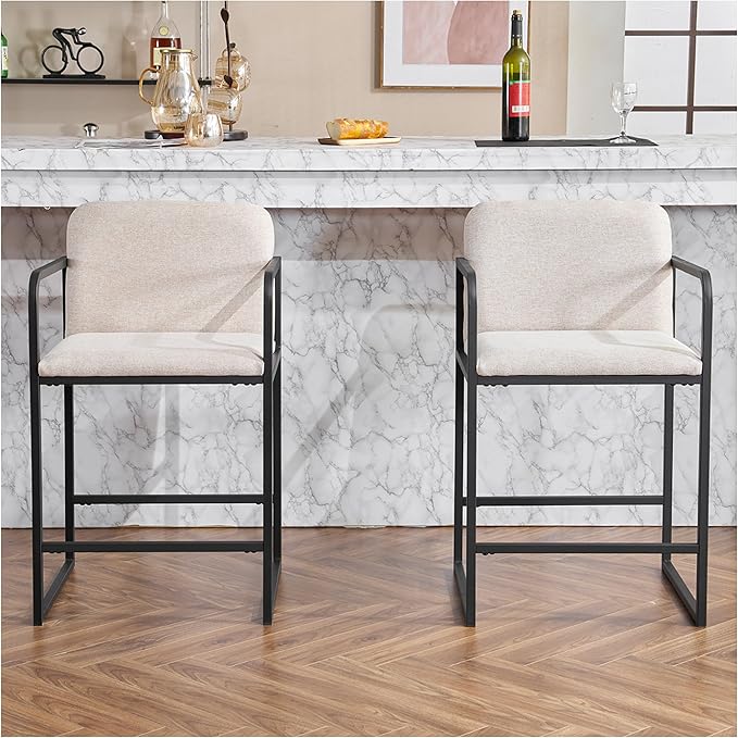 Bar Stools Set of 2, Counter Height with Armrests - Beige Modern Kitchen Island Chairs