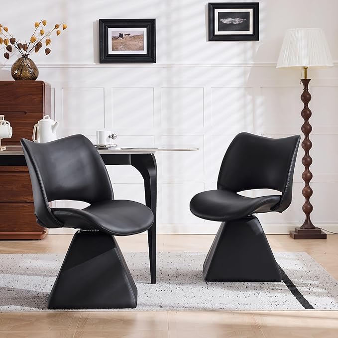 Swivel Dining Chair Upholstered Faux Leather Accent Seat with Curved High Back, Cushioned Foam Padding, Metal and Wood Support, Modern Armless Vanity Desk Chair for Kitchen Island, Dining Room (Black)