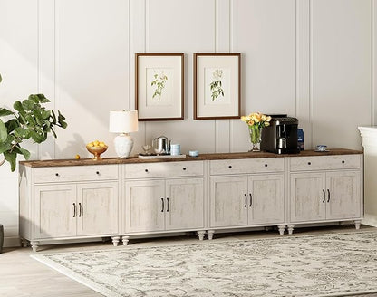 WAMPAT Large Buffet Cabinet with 8 Doors and 4 Drawers, Mid-Century Modern Coffee Bar Table Wood Kitchen Storage Cabinets, Farmhouse Sideboard Credenza for Dining Room, Rustic White, 134 inch