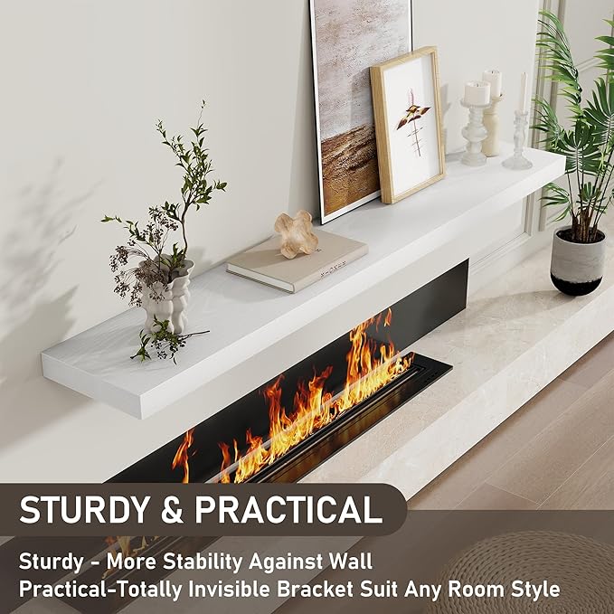 Fun Memories 72 Inch Floating Shelves for Wall 8 Inch Deep White Shelves Set of 2, Wall Mounted Rustic Wood Long Floating Shelf, Large Display & Storage Shelf with Invisible Brackets