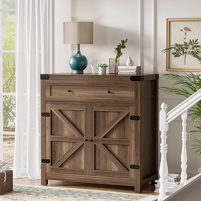 Flamaker Coffee Bar Cabinet with Storage,Sideboard Buffet Cabinet with 1 Drawer and 2 Barn Doors,Kitchen Storage Cabinet for Kitchen, Living Room, Entryway (Brown)