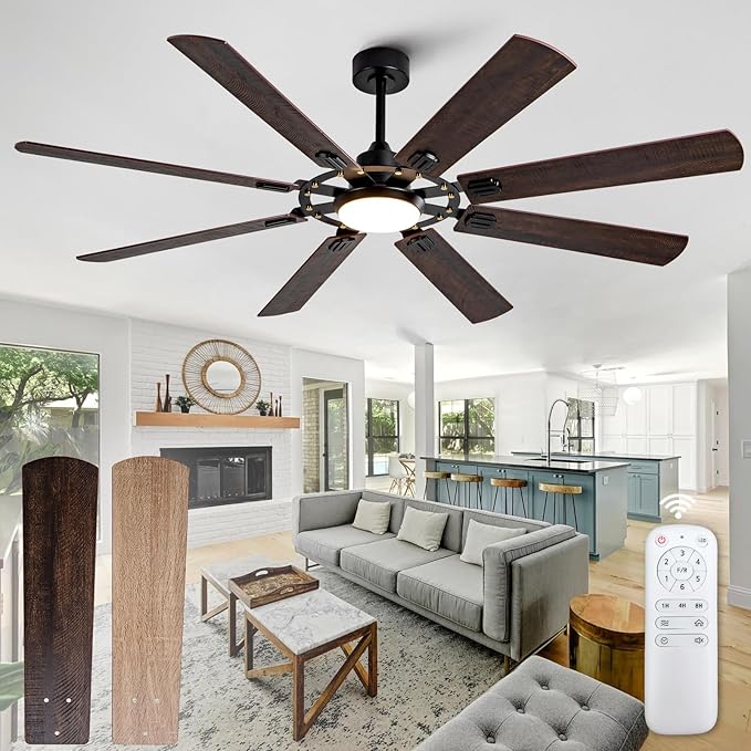 72 inch Ceiling Fans with Lights and Remote,8 Blades Black Ceiling Fan with Light, Large Air Volume, Reversible Quiet DC Motor, Modern Ceiling Fans for Indoor Outdoor Living Room Large Room