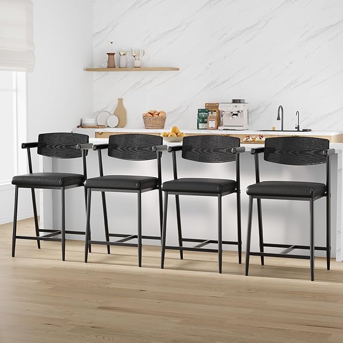 GarveeHome Bar Stools Set of 6 with Arms, 26" Modern 6pcs Counter Height Metal Barstools Set with Wood Back & Footrest, Wider Seat, Sturdy Frame, for Counter Bar, Kitchen Island, Retro Black