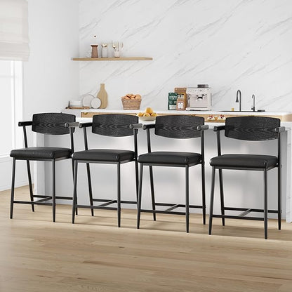 GarveeHome Bar Stools Set of 6 with Arms, 26" Modern 6pcs Counter Height Metal Barstools Set with Wood Back & Footrest, Wider Seat, Sturdy Frame, for Counter Bar, Kitchen Island, Retro Black