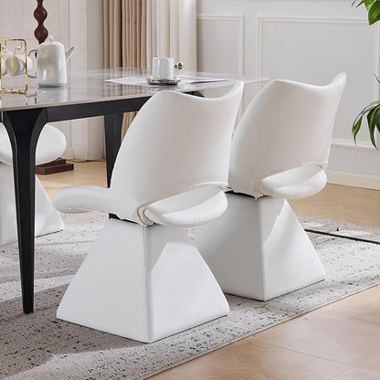 Swivel Dining Chair Upholstered Faux Leather Accent Seat with Curved High Back, Cushioned Foam Padding, Metal and Wood Support, Modern Armless Vanity Desk Chair for Kitchen Island, Dining Room (White)