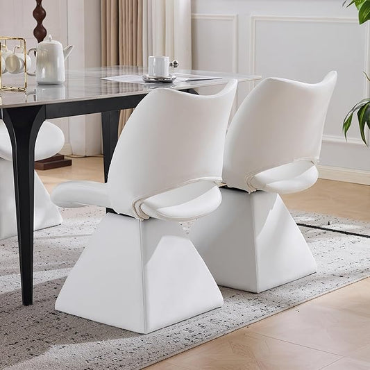 Swivel Dining Chair Upholstered Faux Leather Accent Seat with Curved High Back, Cushioned Foam Padding, Metal and Wood Support, Modern Armless Vanity Desk Chair for Kitchen Island, Dining Room (White)