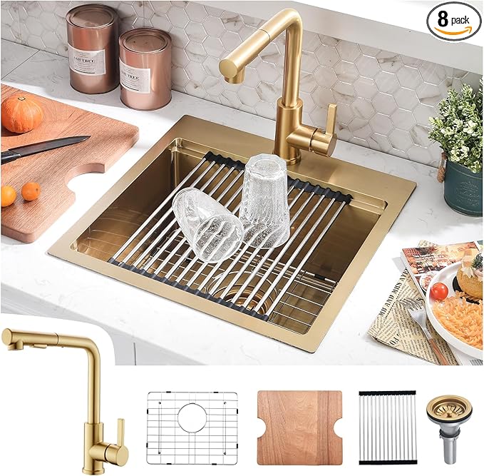 18x18 Gold Drop In Kitchen Sink and Faucet Combo Set - 18 Inch Gold Small Bar Sink with Faucet, 9 Inch Deep Stainless Steel Drop In Sinks Workstation with Accessories