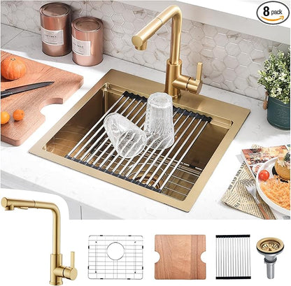 18x18 Gold Drop In Kitchen Sink and Faucet Combo Set - 18 Inch Gold Small Bar Sink with Faucet, 9 Inch Deep Stainless Steel Drop In Sinks Workstation with Accessories