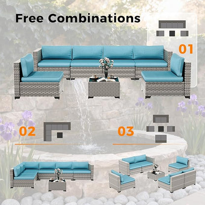 12-Seat Modular Patio Furniture Set – Outdoor Wicker Sectional Sofa with Thick 4″ Cushions, Dual-Strand PE Rattan, Rust-Resistant 18 mm Steel Frame, Backyard Garden Deck Lounge,Blue