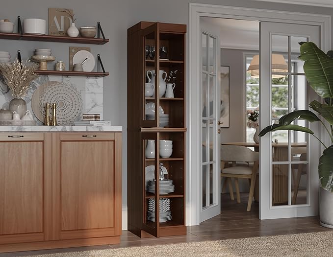 Palace Imports Solid Wood Kitchen Pantry Cabinet w/Glass Doors - Narrow Storage Cabinet - 16.5" Wide x 71.5" Tall - Mocha, Adjustable Shelves, 100% Eco-Friendly Wood, Modular Cabinets