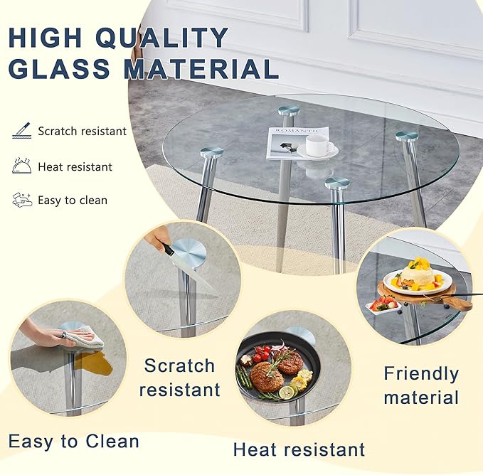 38.6 Inch Round Tempered Glass Dining Table and Chairs Set for 4, Transparent Kitchen Table with Silver Metal Legs & Black PU High-Resilience Chairs, Modern Style for Dining Room, Kitchen