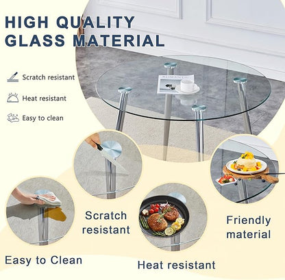 38.6 Inch Round Tempered Glass Dining Table and Chairs Set for 4, Transparent Kitchen Table with Silver Metal Legs & Black PU High-Resilience Chairs, Modern Style for Dining Room, Kitchen