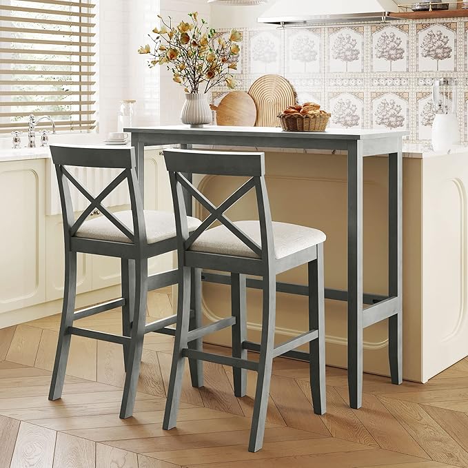 Farmhouse Dining Table Set,48" Rectangular Wood Bar Height Dining Set, Kitchen Breakfast Nook with 2 Upholstered Chairs for Small Places (Gray/N*Bar)