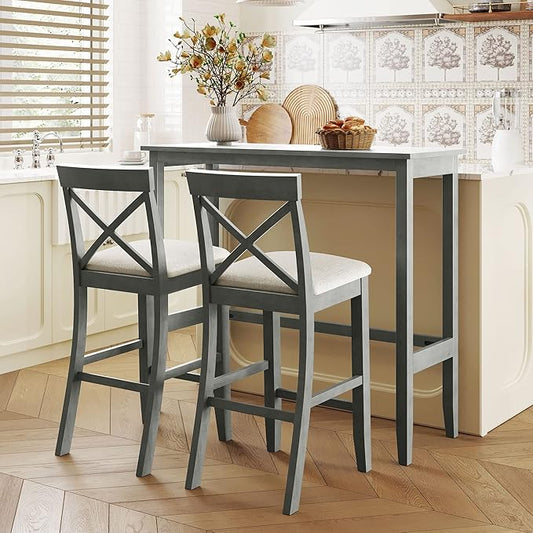 Farmhouse Dining Table Set,48" Rectangular Wood Bar Height Dining Set, Kitchen Breakfast Nook with 2 Upholstered Chairs for Small Places (Gray/N*Bar)