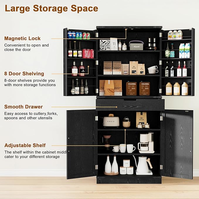GRUSIGN 72" Tall Storage Cabinet, Kitchen Pantry Cabinet with Adjustable Shelves & Sturdy Steel Frame, Farmhouse Pantry Storage with 4 Barn Doors for Kitchen, Dining Room, and Living Room, Black