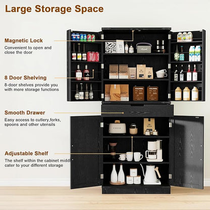 GRUSIGN 72" Tall Storage Cabinet, Kitchen Pantry Cabinet with Adjustable Shelves & Sturdy Steel Frame, Farmhouse Pantry Storage with 4 Barn Doors for Kitchen, Dining Room, and Living Room, Black