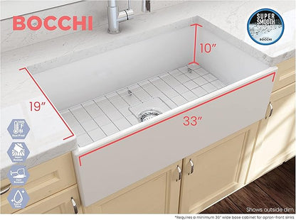 BOCCHI Contempo Farmhouse Apron Front Fireclay 33 in. Single Bowl Kitchen Sink with Protective Bottom Grid and Strainer in Matte White