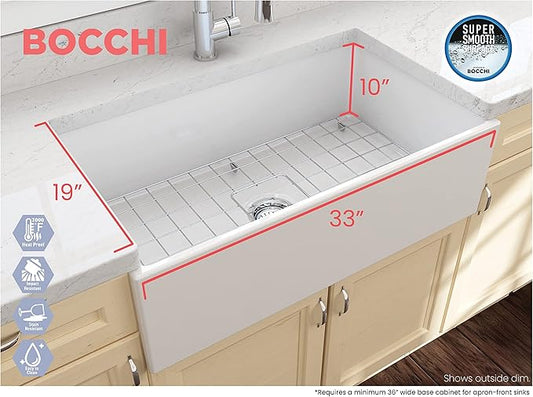 BOCCHI Contempo Farmhouse Apron Front Fireclay 33 in. Single Bowl Kitchen Sink with Protective Bottom Grid and Strainer in Matte White