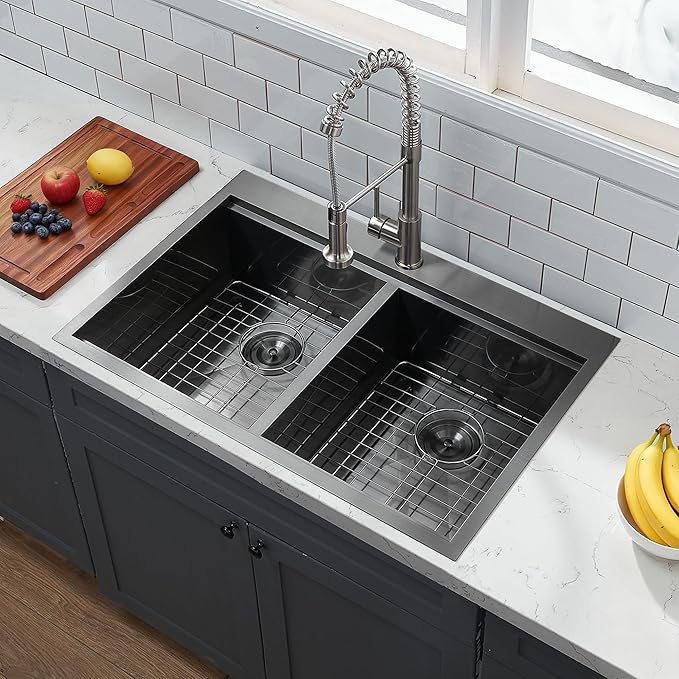 Comllen 33''× 22''× 10'' Kitchen Sink 16-gauge 304 stainless Gunmetal Black, Stainless Steel Drop in Double Basin Kitchen Sinks with Accessories