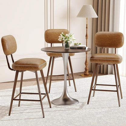 MALOL 26“ PU Leather Swivel Bar Stools Set of 2, Mid Century Counter Height Bar Chairs with Low Back and Metal Legs, Modern Bar Stool Chair for Kitchen Island, Brown