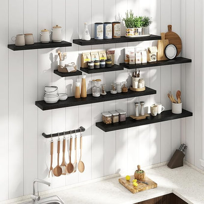 24 Inch Floating Shelves for Wall Set of 2, 8"D Wood Grain Bathroom Shelves with Invisible Brackets, Easy Install Engineered Wood Storage Shelves for Kitchen, Living Room, Bedroom, Black Finish