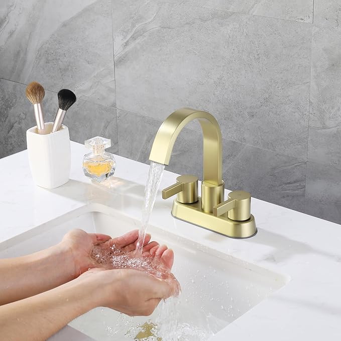 Bathroom Sink Faucet 3 Hole Brushed Gold, 2 Handle 4 Inch Centerset Stainless Steel Bathroom Faucet with Pop up Drain and 2 Supply Lines, SE-0048-BG