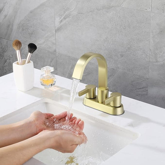 Bathroom Sink Faucet 3 Hole Brushed Gold, 2 Handle 4 Inch Centerset Stainless Steel Bathroom Faucet with Pop up Drain and 2 Supply Lines, SE-0048-BG