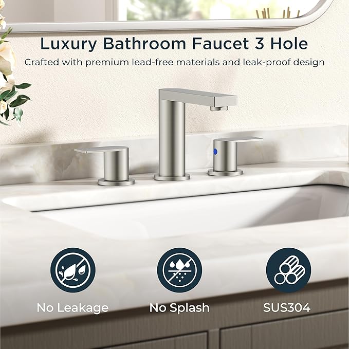 FORIOUS Brushed Nickel Bathroom Faucets 3 Hole, 8 Inch Widespread Bathroom Sink Faucet with Pop-up Drain and Cupc Supply Lines, 2-Handle for Vanity, Hotel Restroom