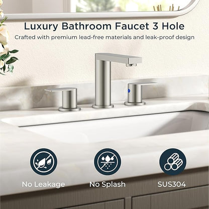 FORIOUS Brushed Nickel Bathroom Faucets 3 Hole, 8 Inch Widespread Bathroom Sink Faucet with Pop-up Drain and Cupc Supply Lines, 2-Handle for Vanity, Hotel Restroom
