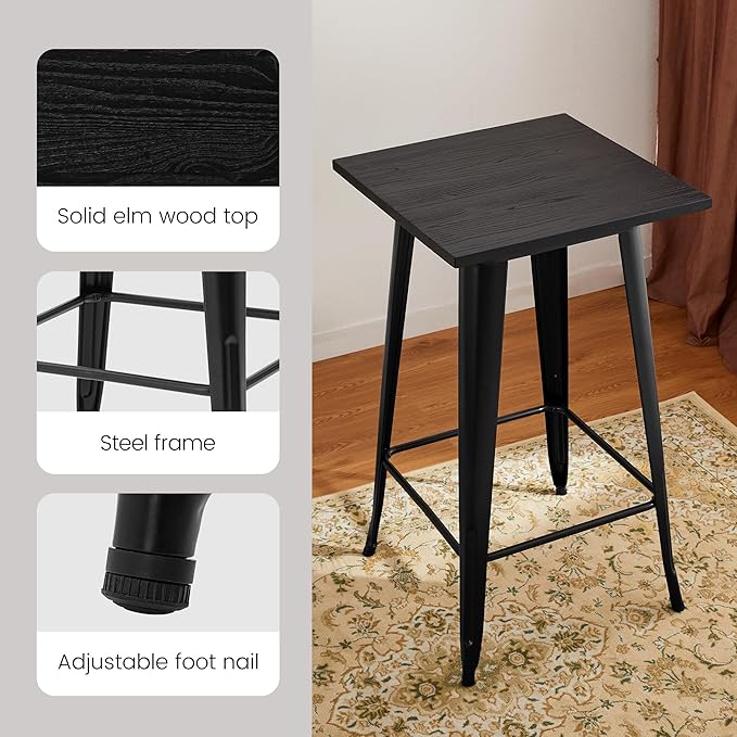 Glitzhome Bar Table and Chairs Set, Square Black Steel Pub Table with Soild Elm Wood Top and Bar Height Adjustable Swivel PU Leather Bar Stool for Breakfast Nook Living Room Small Space Restaurant