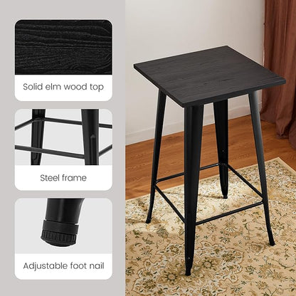 Glitzhome Bar Table and Chairs Set, Square Black Steel Pub Table with Soild Elm Wood Top and Bar Height Adjustable Swivel PU Leather Bar Stool for Breakfast Nook Living Room Small Space Restaurant