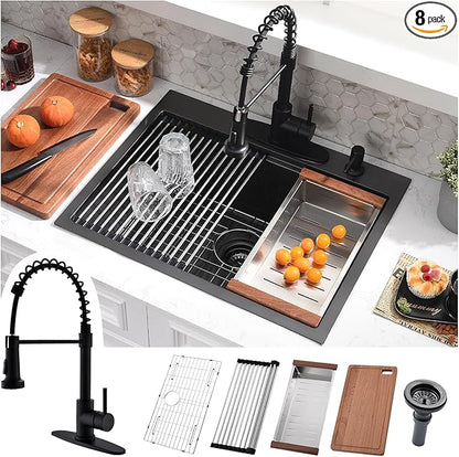 25x22 Black Drop In Kitchen Sink with Faucet Combo - 25 Inch Stainless Steel Workstation Kitchen Sink and Faucet Combo Set, Single Bowl Drop In Sinks Black with Accessories